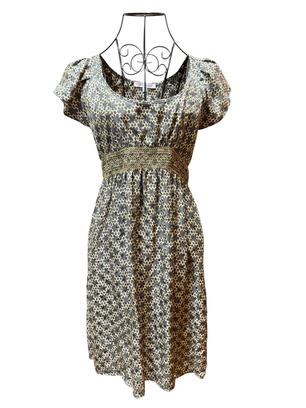 Anthropologie Corey lynn Calter 100%Silk Smocked Waist Floral Dress Gray Gold
